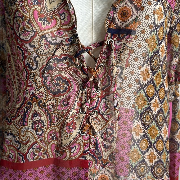 Zara Women’s Sheer Long Sleeve Tie Front Paisley Print Boho Ruffled Blouse Small - Picture 2 of 7